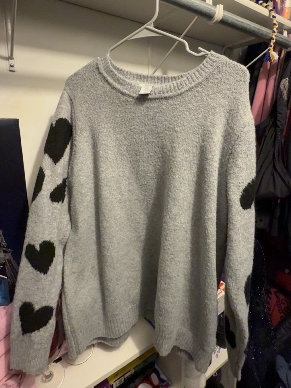 cupcakes & cashmere Gray Crewneck Sweater with Black Heart Sleeves